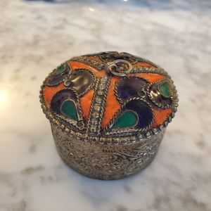Vintage cloisonne enameled metal snuff pill lidded Round box blue orange